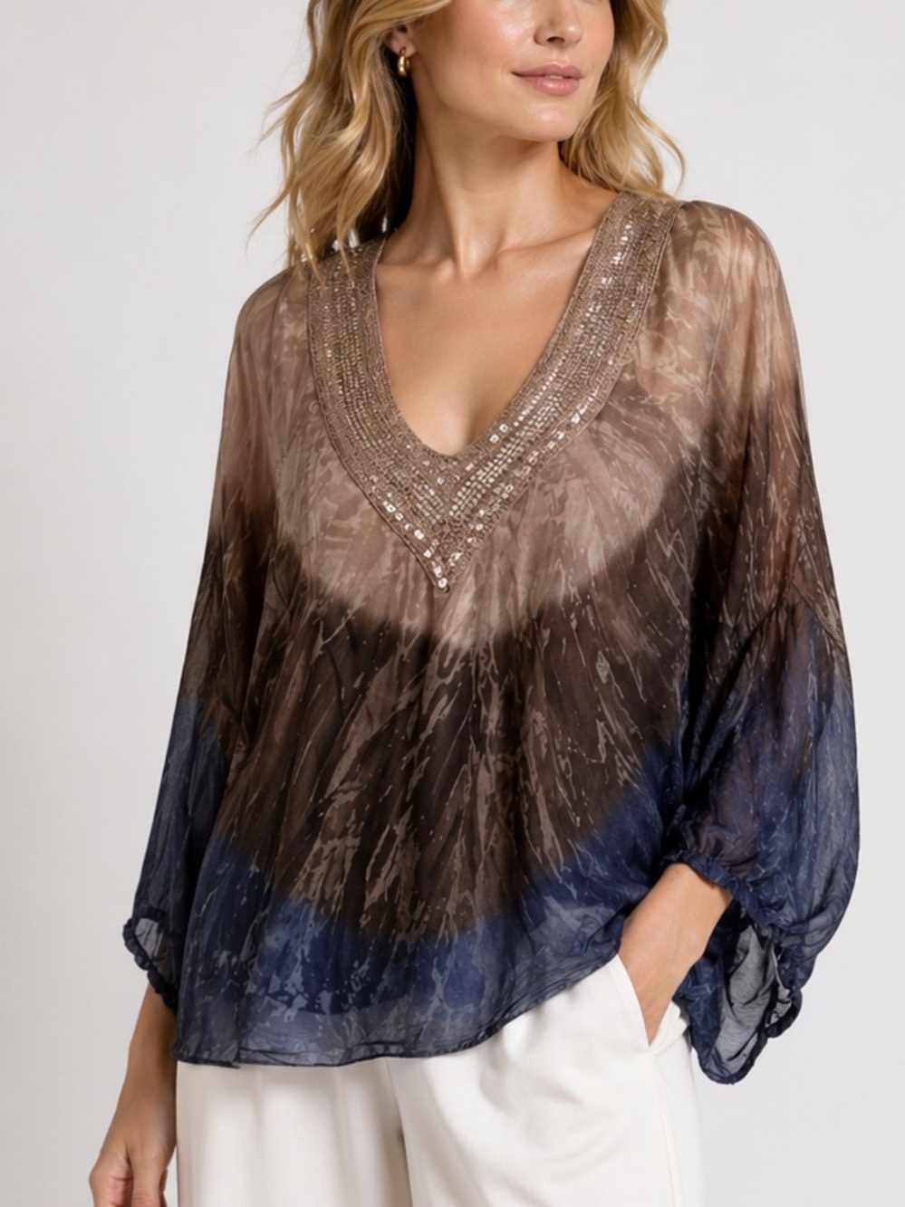 Saks Fifth Avenue Italy silk blouse tab sleeves crochet bohemian colorblock S - Picture 1 of 10